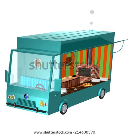 FOOD TRUCK Pizza Open, truck with pizzeria inside, open side on white background