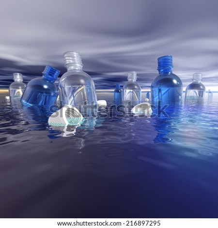Group of plastic bottles in water