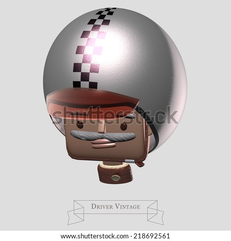 Driver vintage, face of man with a mustache wearing a silver vintage helmet