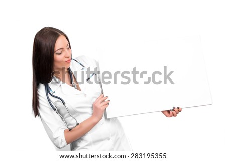 portrait of young doctor with stethoscope showing clipboard with copy space for text or design. nurse holds an empty plate in hand