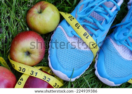 sneakers, centimeter, red apples, weight loss, running, healthy eating, healthy lifestyle concept