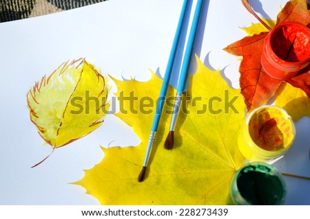 paint gouache drawing,leaves,autumn concept