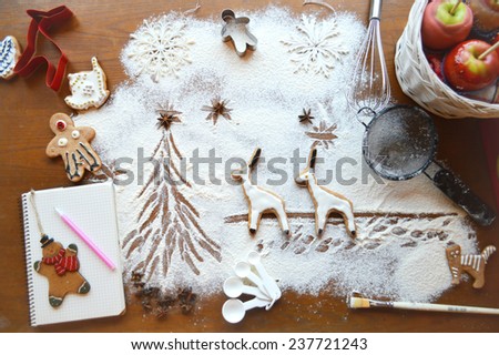 cooking, cooking Christmas ginger cookies, cupcakes. cookie cutters, deer, teapots .book recipes. the magic of Christmas kitchen