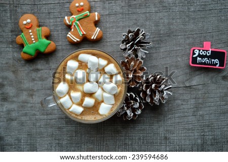 Christmas toys, Christmas decorations, Christmas balls, notebook, diary, plan for the day, office.good morning gift. Christmas concept.hot cocoa with marshmallows