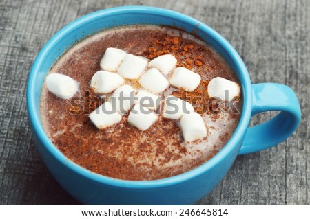 hot cocoa with marshmallows,milk, and chocolate,cinnamon sticks,chocolate