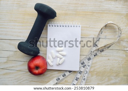 sports, fitness, recording, notepad, concept of weight loss, diet, nutrition
