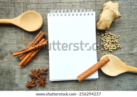 seasonings,spices,recipe book,Notepad,write,pepper, peas,red pepper,black pepper,cardamom,star anise,cinnamon,coriander,cinnamon sticks,cloves,star