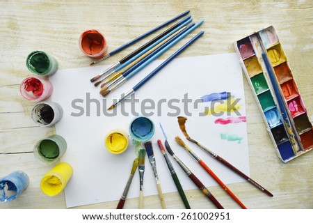 painting, paint, brushes for painting, landscape paper, creativity on the wooden background