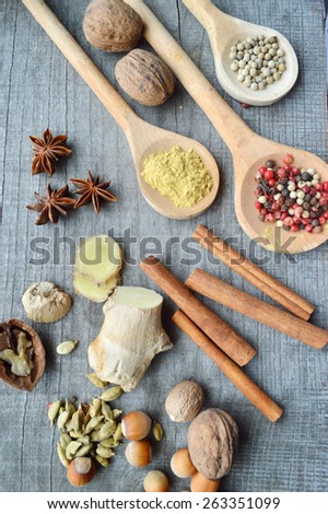cinnamon sticks,ground cinnamon,Notepad,writing,cooking,Bay leaves on wooden background