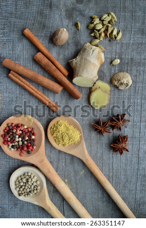 cinnamon sticks,ground cinnamon,Notepad,writing,cooking,Bay leaves on wooden background