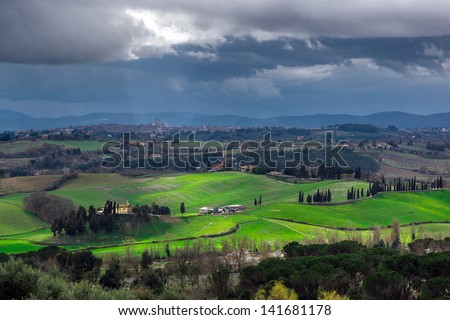 Stormy weather landscape with beautiful light, Tuscany, Italy