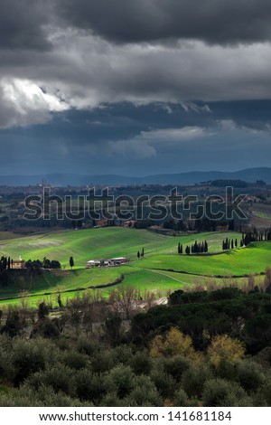 Stormy weather landscape with beautiful light, Tuscany, Italy