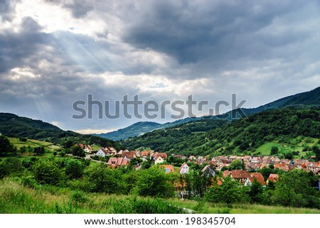 Panoramic view of Alsace mountains from the top of hill