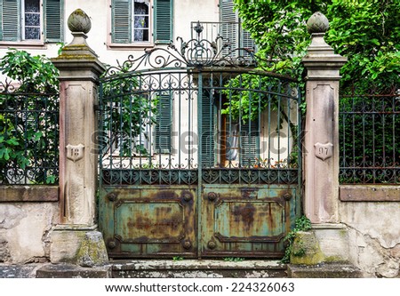 Old house gates with cast-iron lattice, Alsace, France