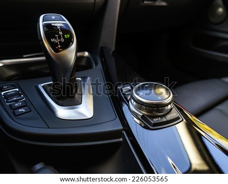 Luxury car automatic transmission handle, close-up
