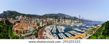 Monaco panoramic bird-fly view, business and tourism concept. Sunny summer day.