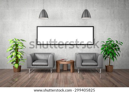 Interior Mock Up poster, in the waiting room with two tan leather armchairs and pot plants. Leather coffee table with magazines. 3D illustration background.