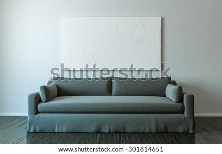 Blank canvas and sofa in empty room mockup - 3D Illustration