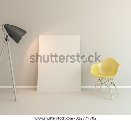 Blank canvas on the white wall with a lamp on the left side and chair on the right side.