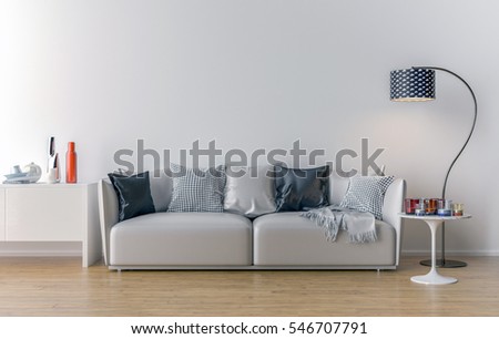 Empty living room with white wall in the background. 3D illustration