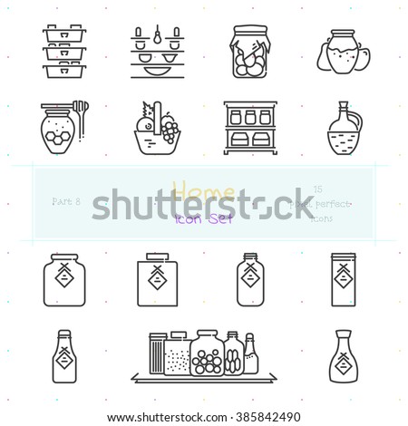 Home stuff outline icon set of 15 thin modern and stylish icons. Part 8 - pantry stuff and furniture. Dark line version. EPS 10. Pixel perfect icons.