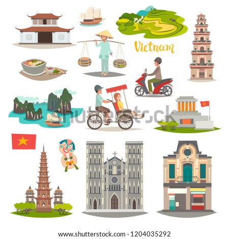 Vietnam landmark vector icons set. Illustrated travel collection about Vietnam.  Vietnamese traditional cultural symbols and  architecture. Asian travel attraction, isolated on white background