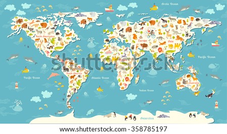 Animals world map. Beautiful cheerful colorful vector illustration for children, kids. Inscription of the oceans and continents. Eurasia, Africa, Australia, North America and South America continents