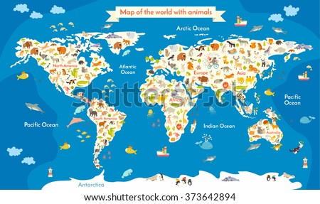 Animals world map/Birds, animals, underwater world/Beautiful colorful vector illustration with the detailed description of the oceans and continents/Mammals of the world on the map for children, kids