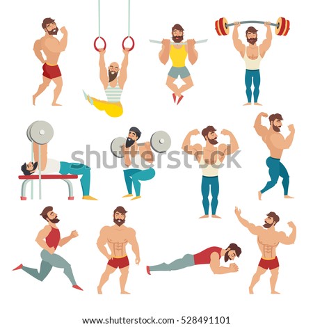 Set of muscular,bearded mans vector illustration. Fitness models, posing, bodybuilding. Sports people in the gym. Gymnastics rings, running.Isolated vector,white background