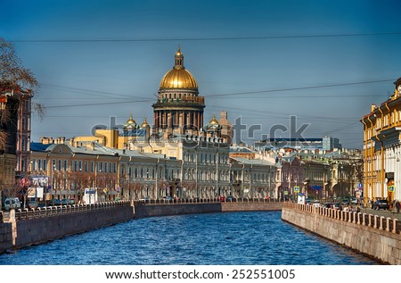 View of the St. Isaac's Cathedral, the surrounding streets, waterfront canal and houses