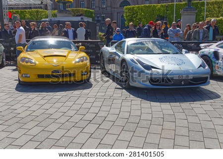STOCKHOLM - MAY 23, 2015: Fast sports-cars before the start of the public event Gumball 3000, May 23, 2015 in Stockholm, Sweden