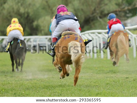 STOCKHOLM - JUNE 06: Rear view of three racing ponys at the Nationaldags Galoppen at Gardet. June 6, 2015 in Stockholm