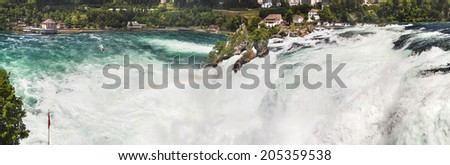 Panoramic view of Rhine falls, Switzerland. Waterfall with rainbow.