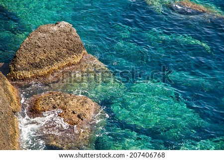 Rocky coast with clean blue see-through water. Portofino, Italy