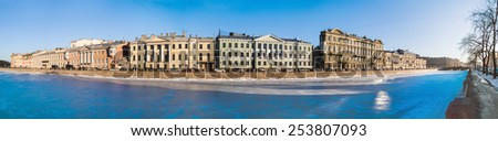 Panoramic view of Fontanka river on a sunny day in winter in Saint Petersburg, Russia