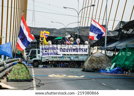 Bangkok, Thailand - Jan 23: Thai anti-government protesters camp on the Rama 8 bridge on Jan 23, 2014 Bangkok, Thailand.
