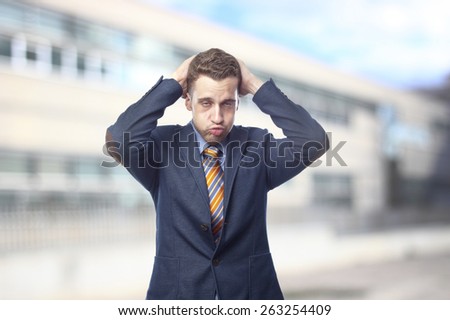 disappointed man in suit building stage