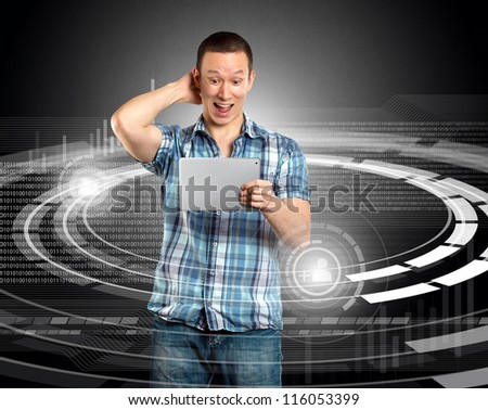 Social media concept, asian man with touch pad in his hands