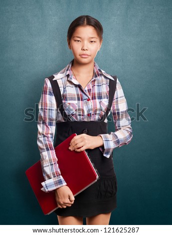 Social media concept, asian girl with laptop
