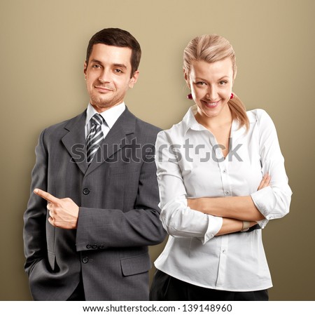 Business team, woman with folded hands and man with pointing finger