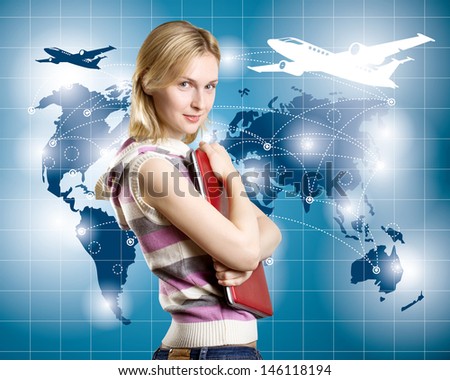 Travel concept. Businesswoman with virtual background