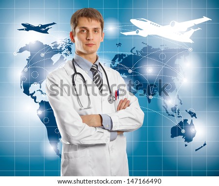 Travel concept. Businessman with virtual background