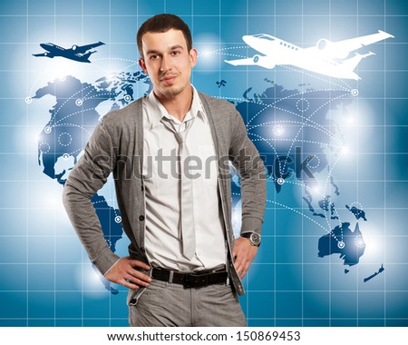 Travel concept. Businessman with virtual background