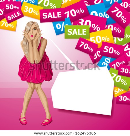 Sale concept. Surprised blonde in pink dress do not know what to buy