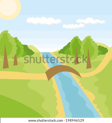 Vector outdoors cartoon landscape with river and trees