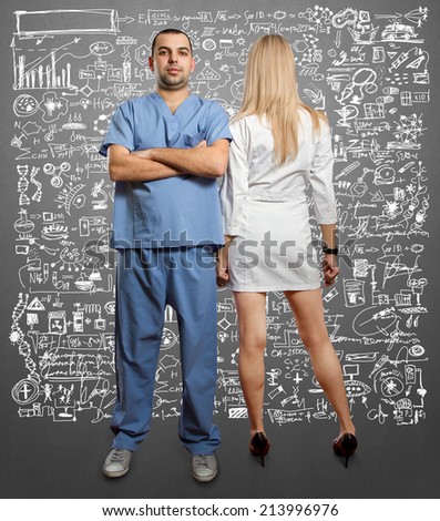 doctor man and woman against different backgrounds