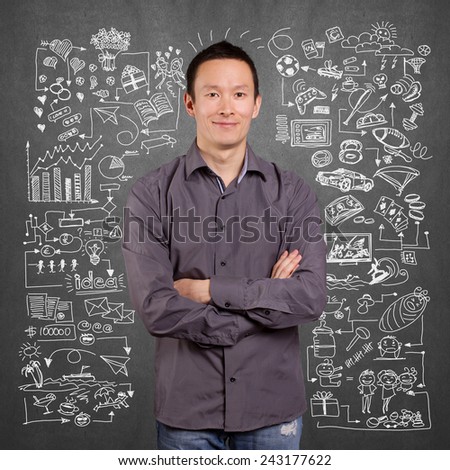 Lifestyle concept, sketch background with family, love, job, hobbies, sport and with man smiling, looking on camera, with folded hands