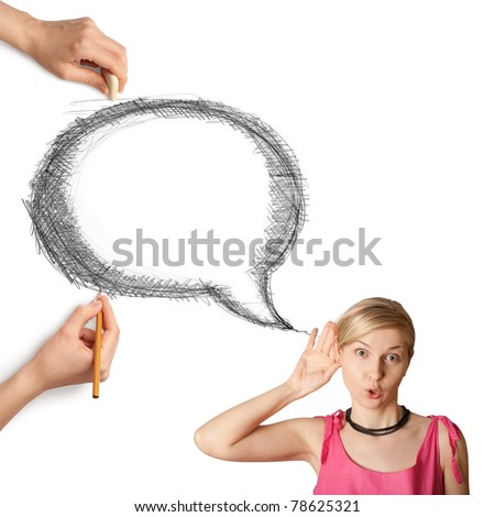 human hands with speech bubble and woman