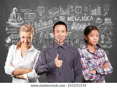 Team and Business team, woman with folded hands and man with pointing finger