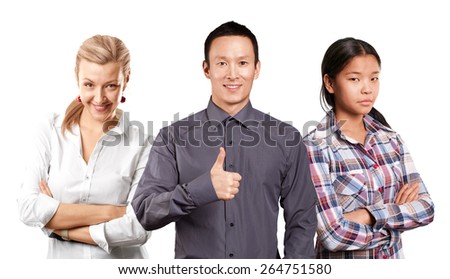 Team and Business team, woman with folded hands and man with pointing finger